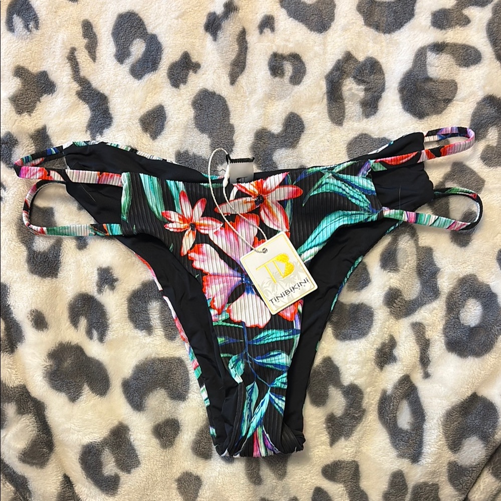 NWT TINIBIKINI Tropical Black Floral Bikini Bottom LARGE